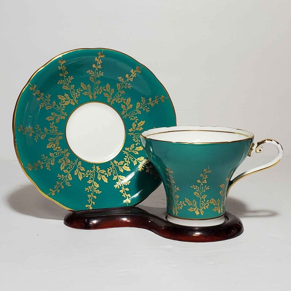 Aynsley Corset Teacup and Saucer Green Gold Leaves Vintage